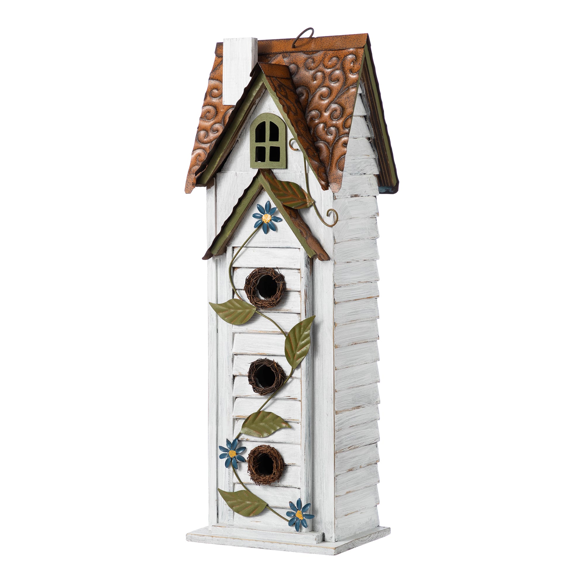 Glitzhome® 24.25" Oversized Washed White 3-Tiered Solid Wood Villa Birdhouse